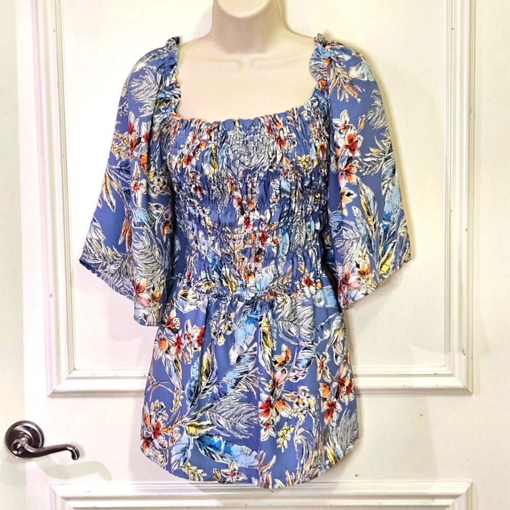 Chenault Blue Floral Smocked Peasant Top